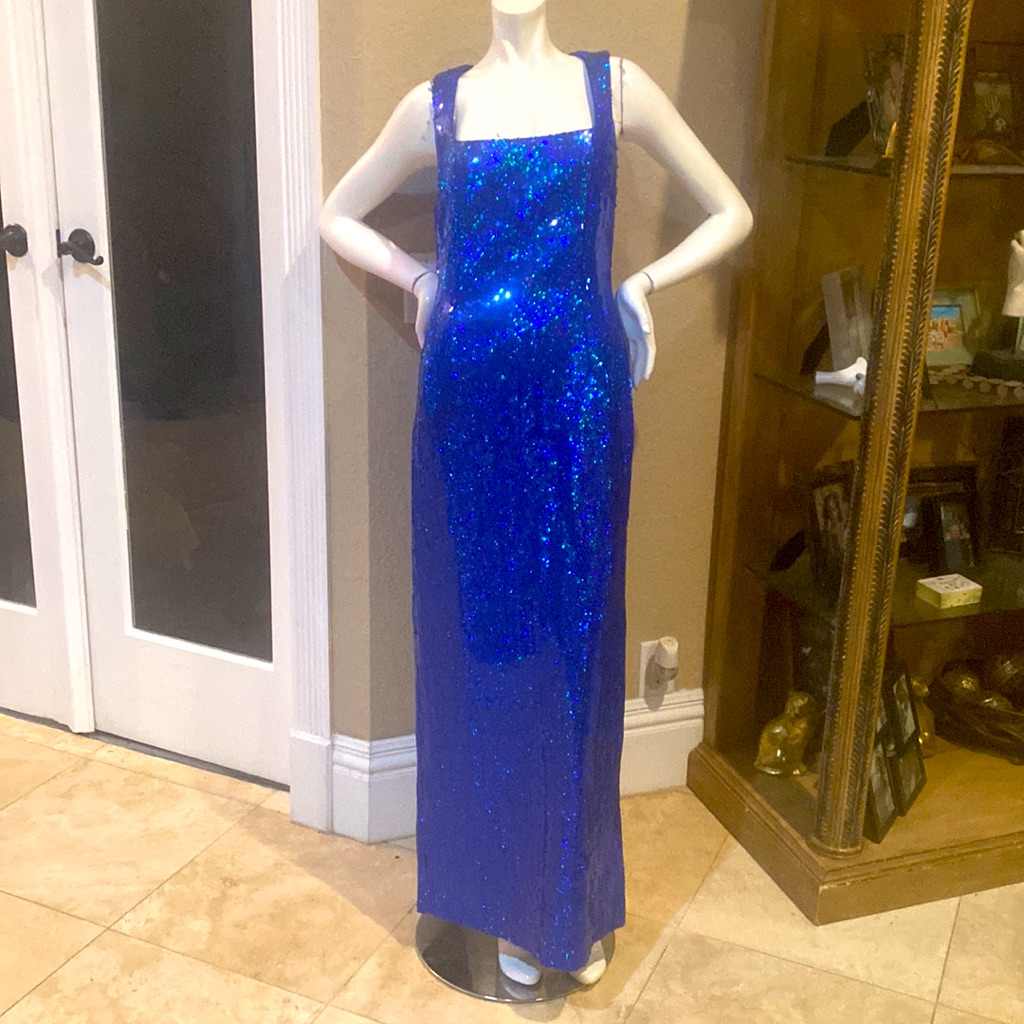 Vintage After Five Blue Sequins Beaded Sleeveless Gown Dress Sz 10